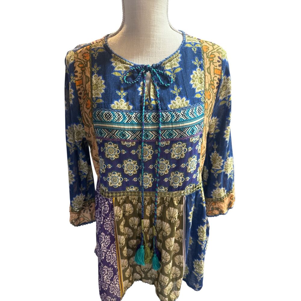 Soft Surroundings Boho Hippie Tassel Gold Patchwork Peasant Tunic Sz M - Picture 4 of 16